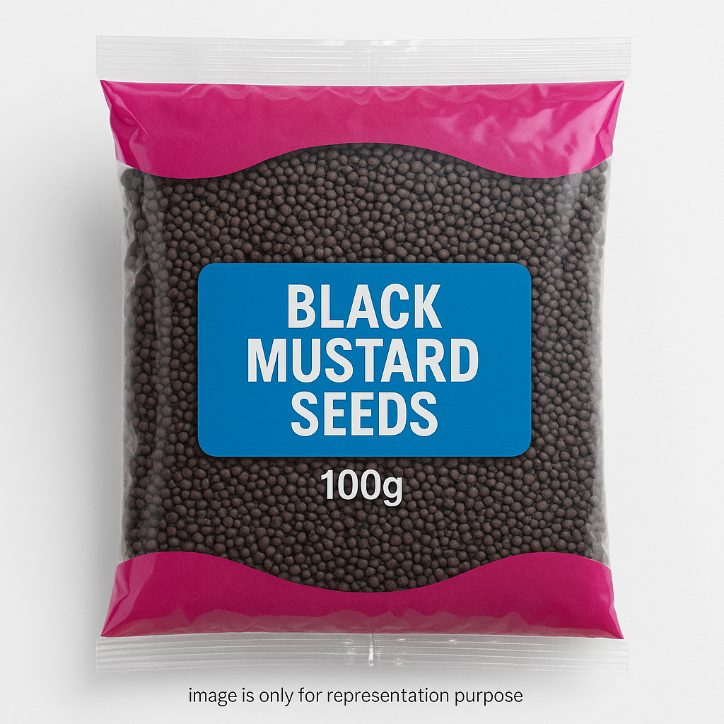 black rai (mustard seed ) in hard pink and blue transparent polythin packing 100g with text in bottom image is only for representation purpose
