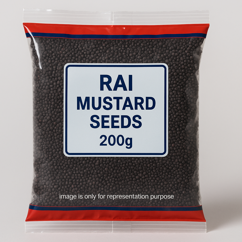 black rai (mustard seed ) in red and blue transparent polythin packing 200g with text in bottom image is only for representation purpose