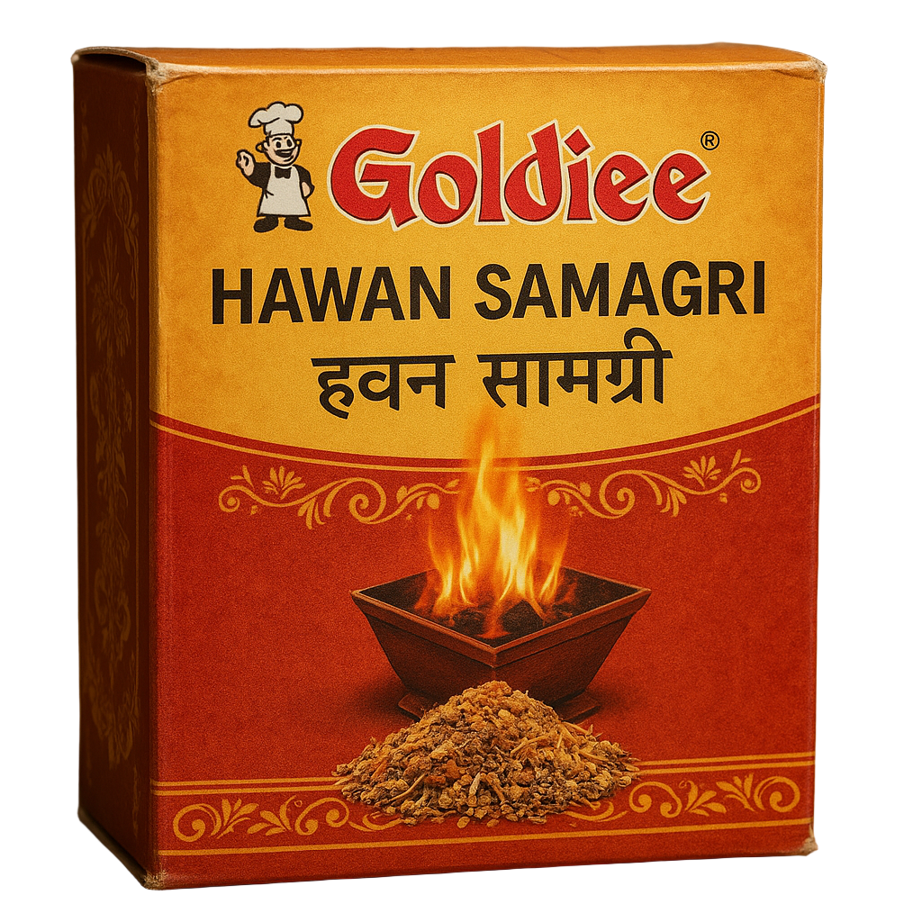 goldiee indian brand hawan samagri box pack realistic image with goldiee indian brand logo on it