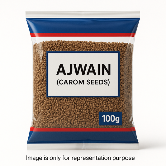 Ajwain (corom seeds) 100g in premiun hard blue and red transparent polythin packing with white background and text in bottom image is only for representation purpose