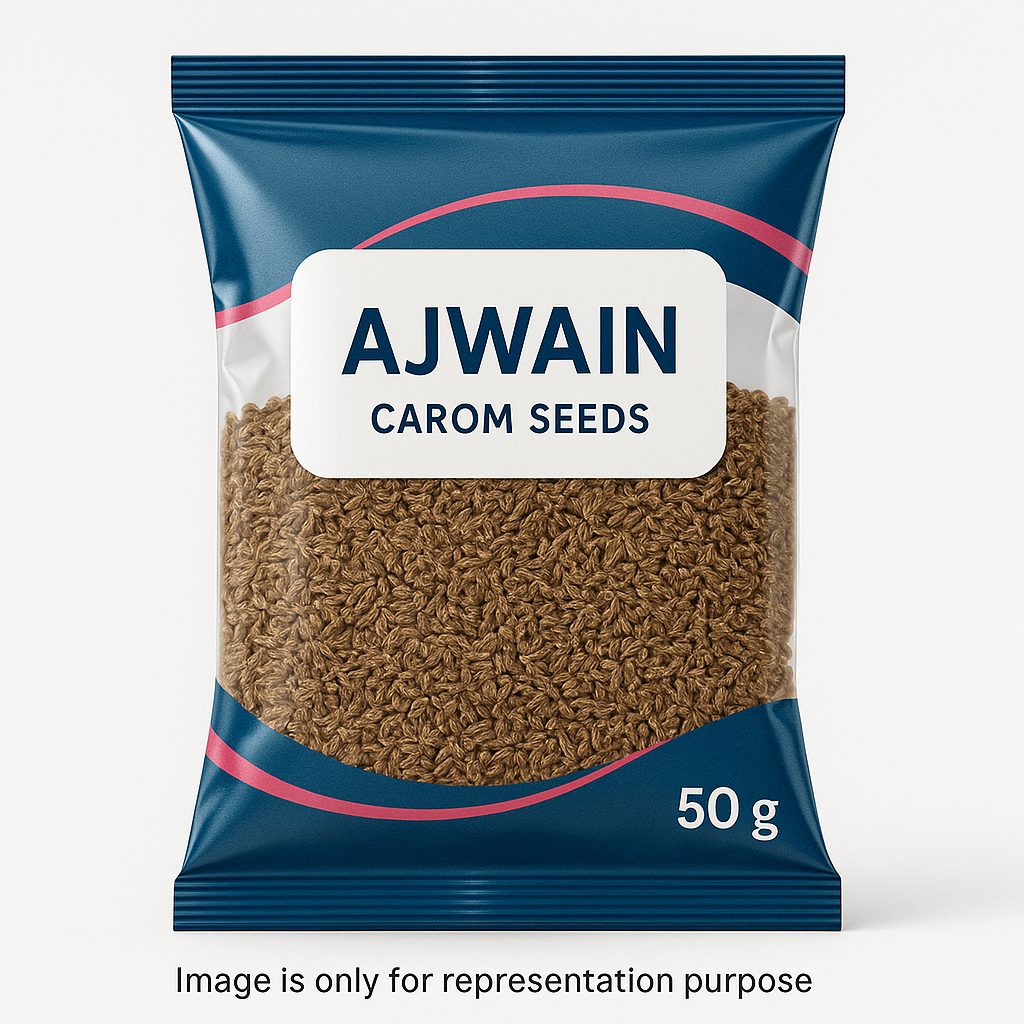 Ajwain (corom seeds) 50g in premiun hard blue and pink transparent polythin packing with white background and text in bottom image is only for representation purpose