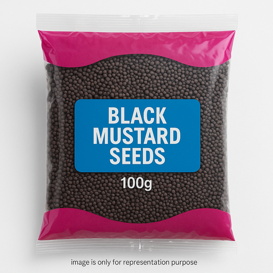 black rai (mustard seed ) in hard pink and blue transparent polythin packing 100g with text in bottom image is only for representation purpose 