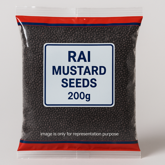 black rai (mustard seed ) in red and blue transparent polythin packing 200g with text in bottom image is only for representation purpose 