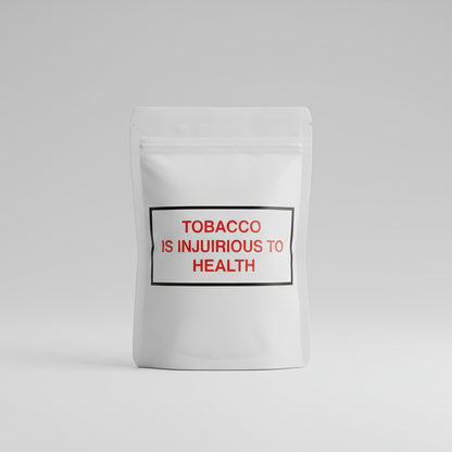 generate a white colour pouch with a note written on it with red colour tobacco is injurious to health 