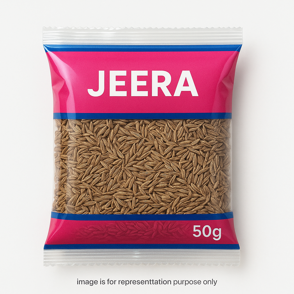 jeera 50 g in premium polythin packing with pink and blue packing and white square bacground and a side message with  "image is for representation purpose only" on bottom