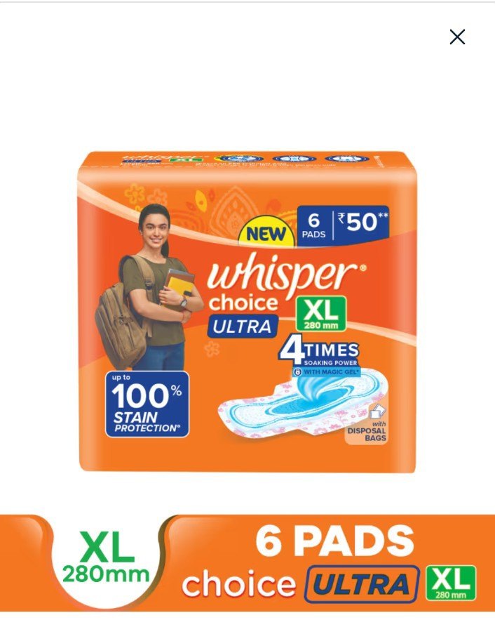 Whisper Choice Sanitary Pads, 6 Count XL Pads